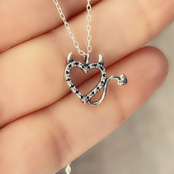 Sterling Silver Black CZ Devil Heart Necklace - Edgy Romance - Picture 4 of 11